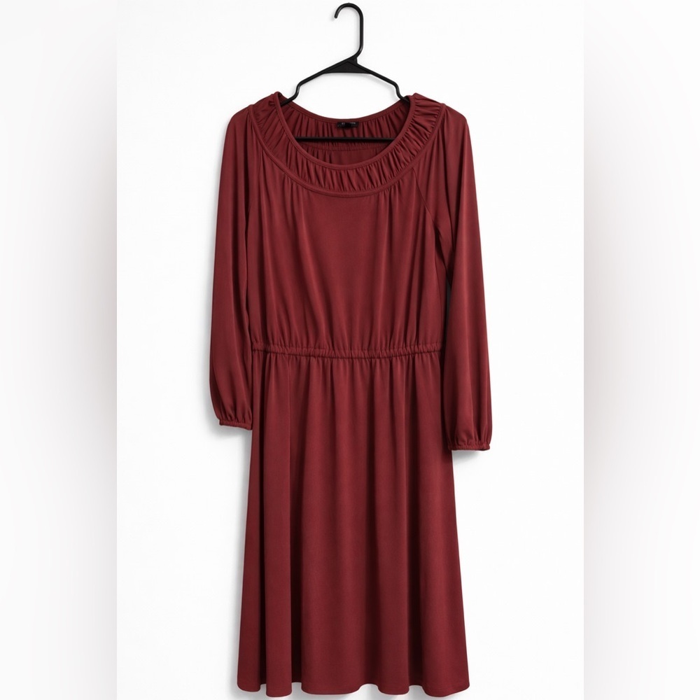 Talbots Burgundy Peasant Midi Dress Medium Petite Off Shoulder Long Sleeve